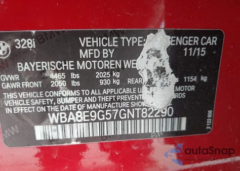 2016 BMW 328I из США, поврежденный, VIN WBA8E9G57GNT82290